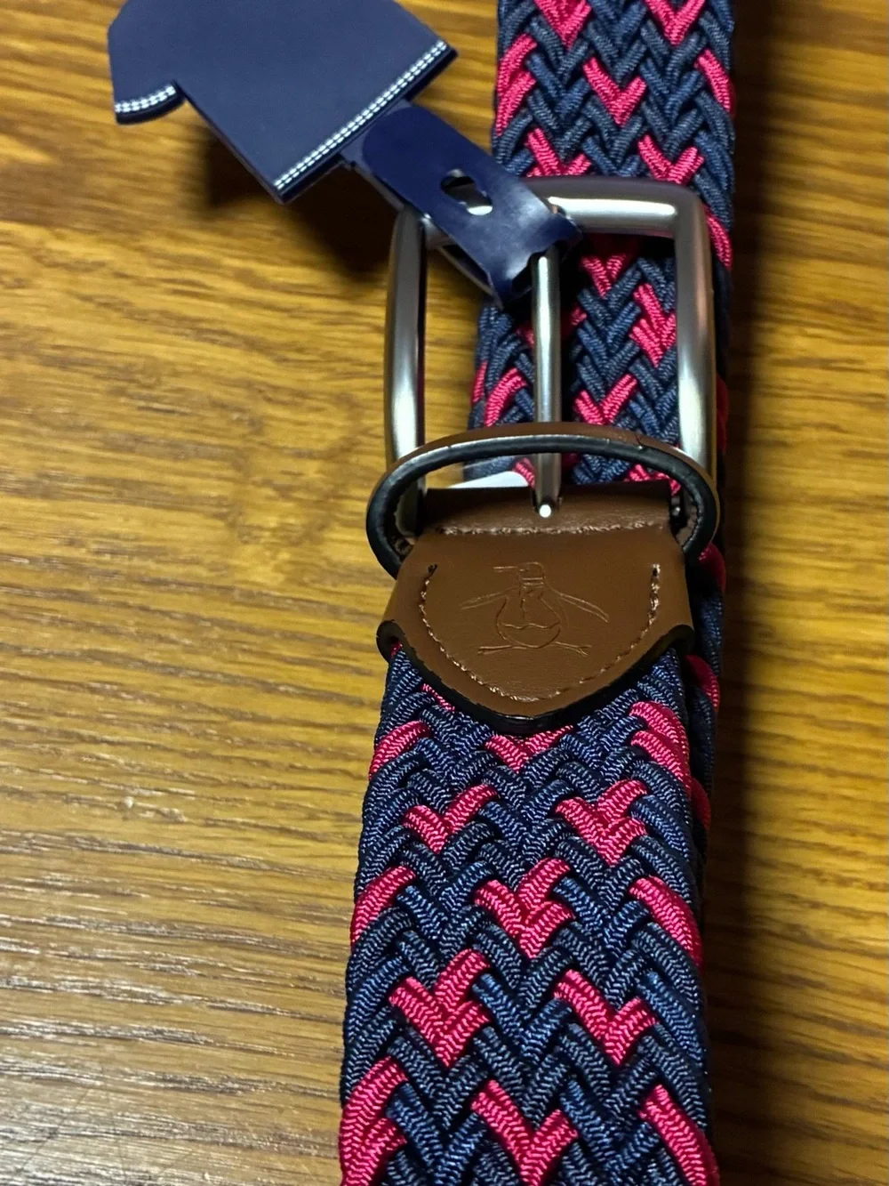 Original Penguin by Munsingwear Mens Braided Elastic Stretch Belt Red Blue Woven